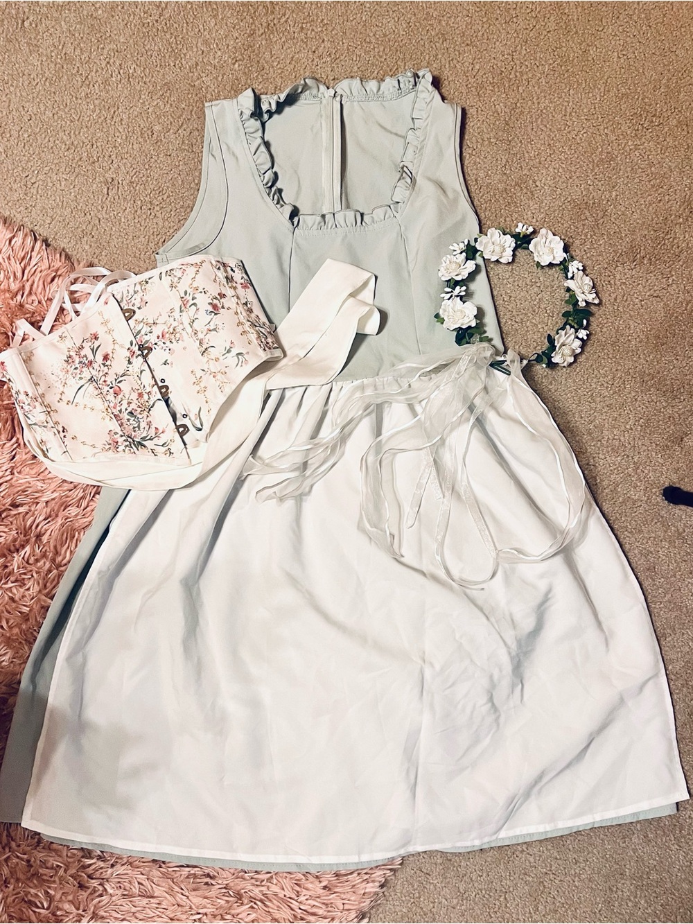 Oktoberfest German Dirndl Renaissance Pheasant Bavarian Corset Dress Sage Green
